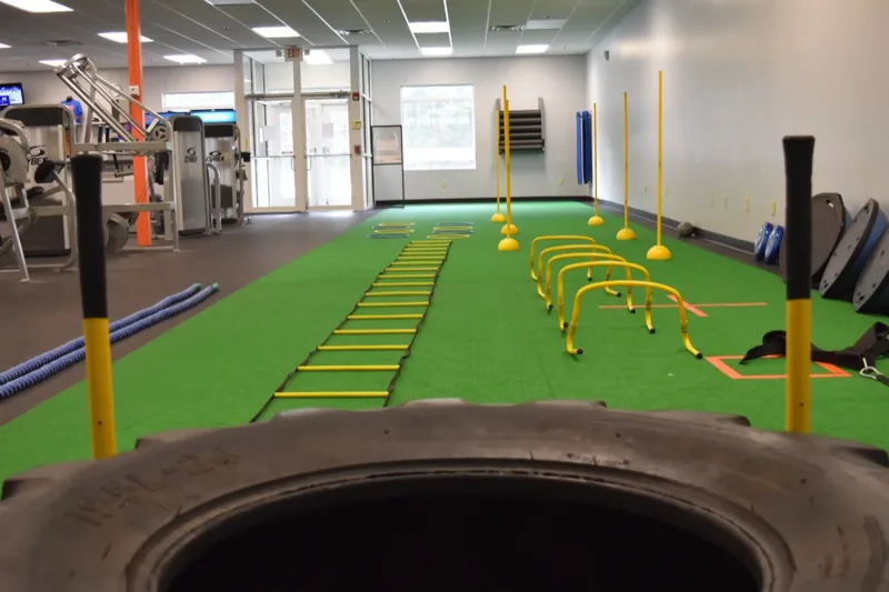Agility ladder and hurdles set up on the turf training strip